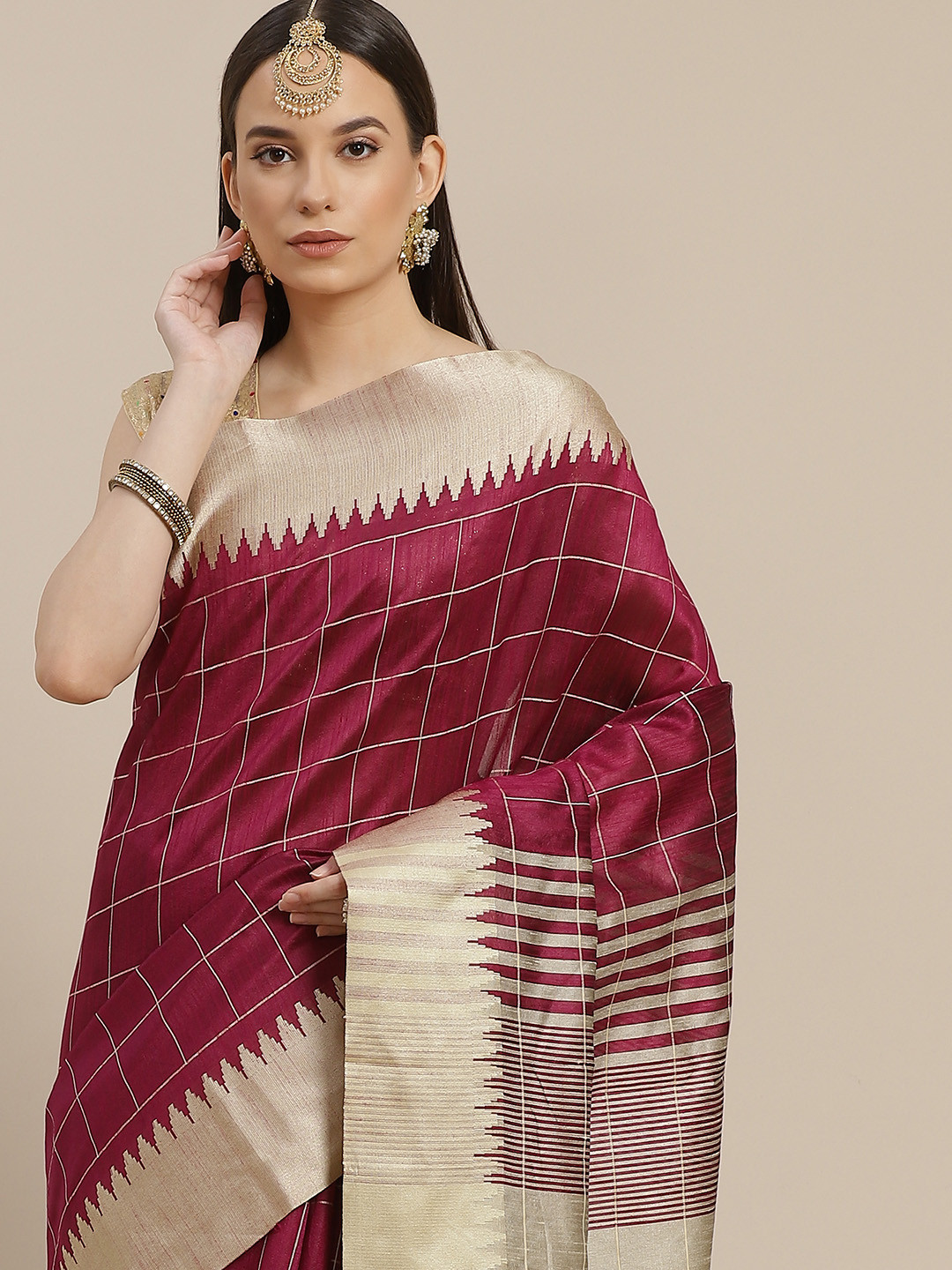 Anouk Burgundy & Beige Checked Saree
