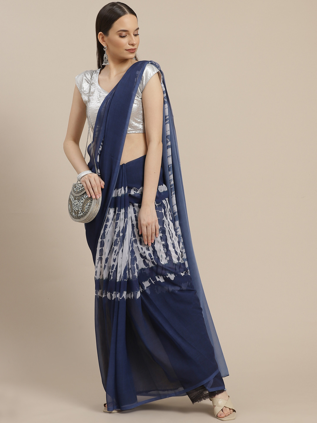 Anouk Navy Blue & Off White Tie and Dye Saree