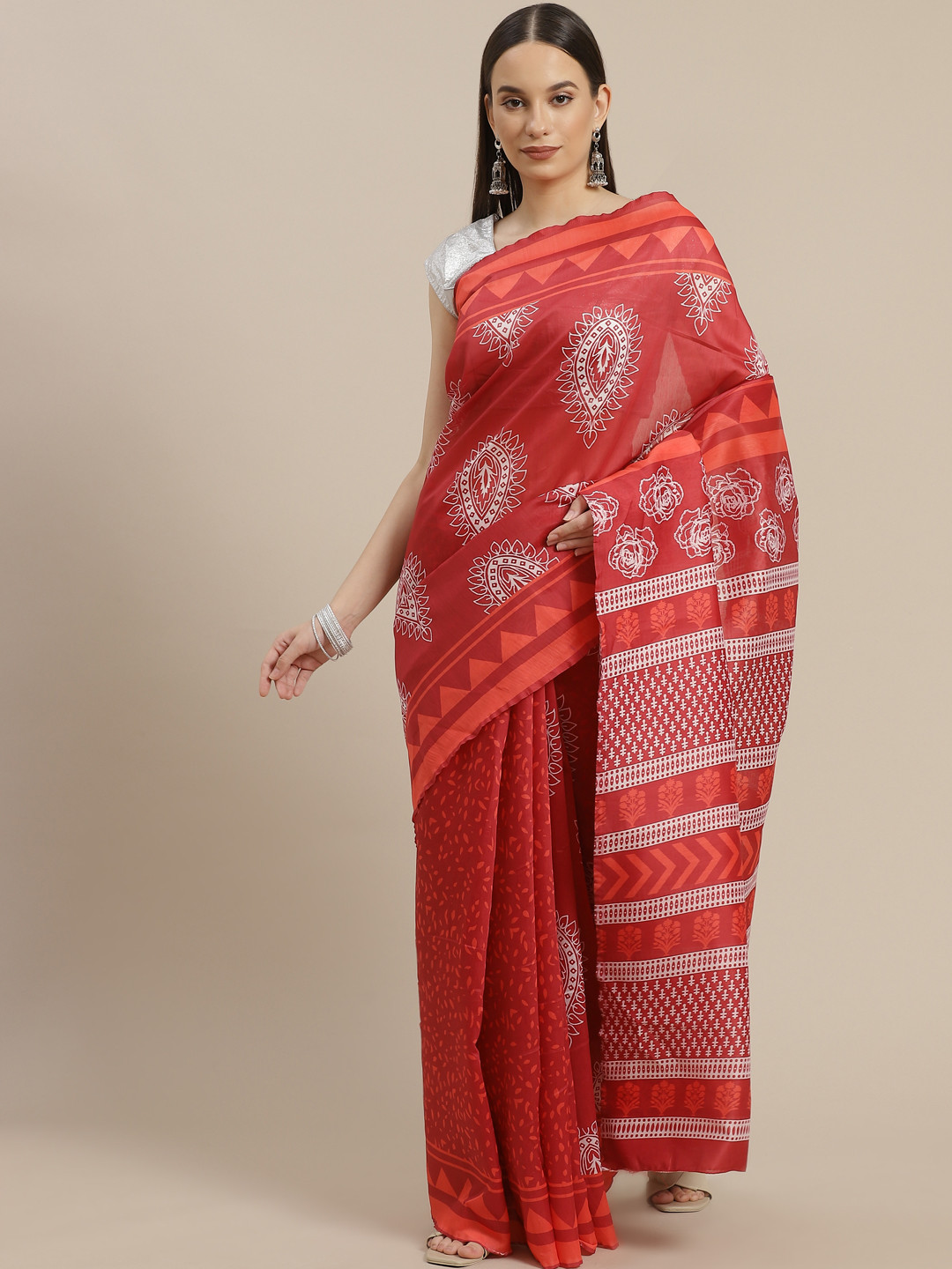 Anouk Maroon & Off White Ethnic Motifs Chanderi Saree