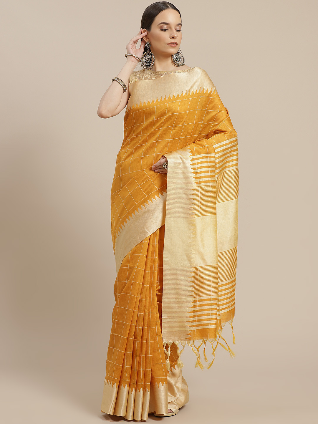 Anouk Mustard Yellow & Beige Checked Saree
