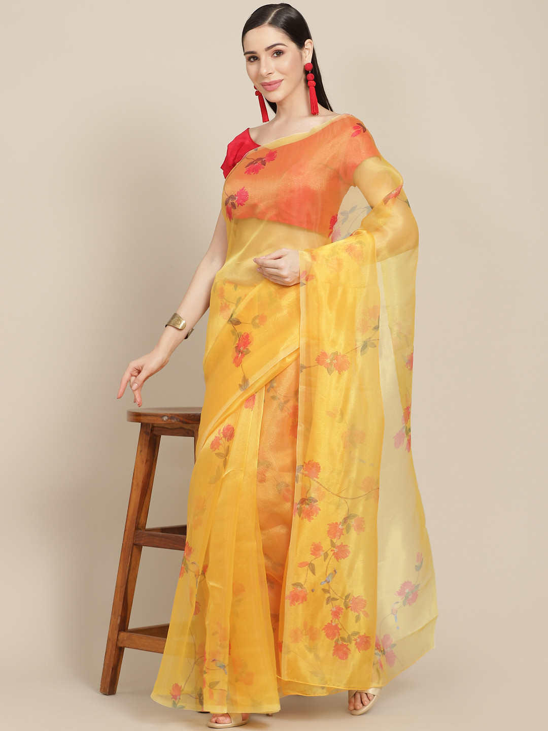Anouk Yellow & Orange Floral Celebrity Organza Saree