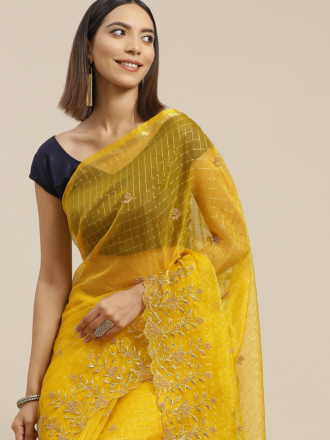 Anouk Mustard Yellow Checked Woven Design Organza Saree