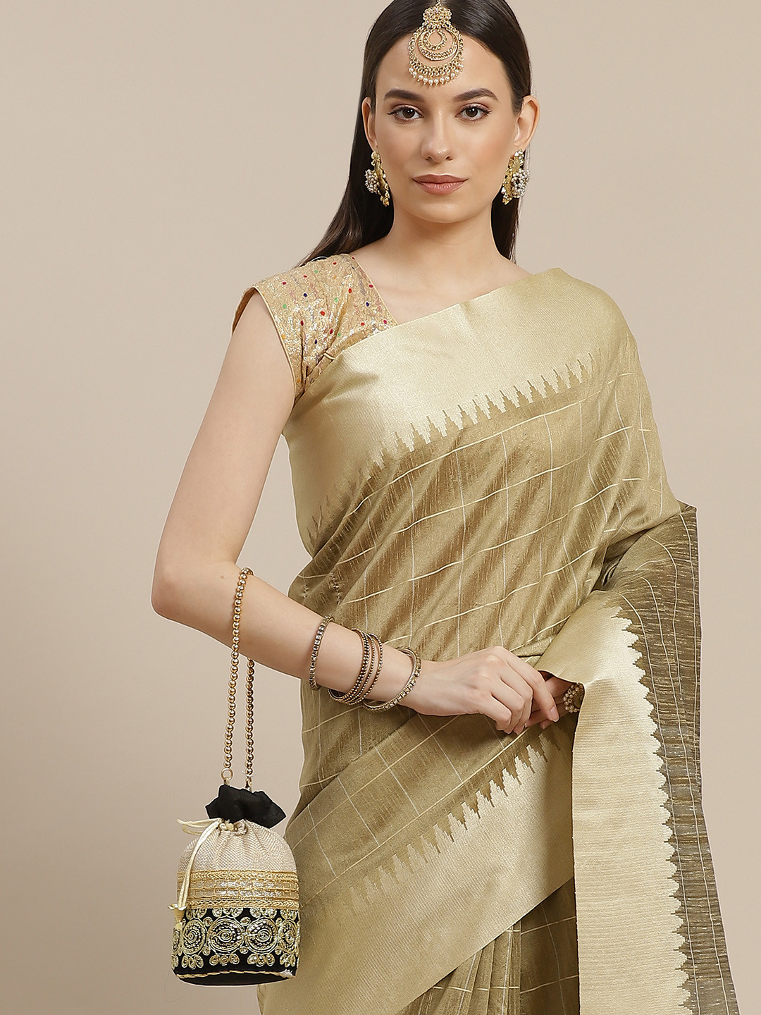 Anouk Khaki & Golden Woven Design Checked Silk Blend Saree