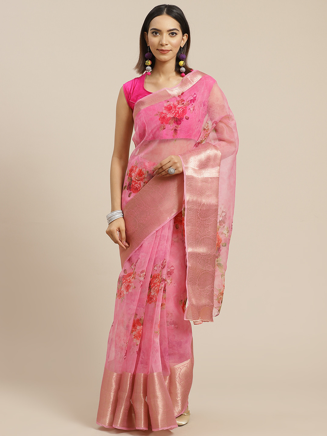 Anouk Pink Floral Organza Saree