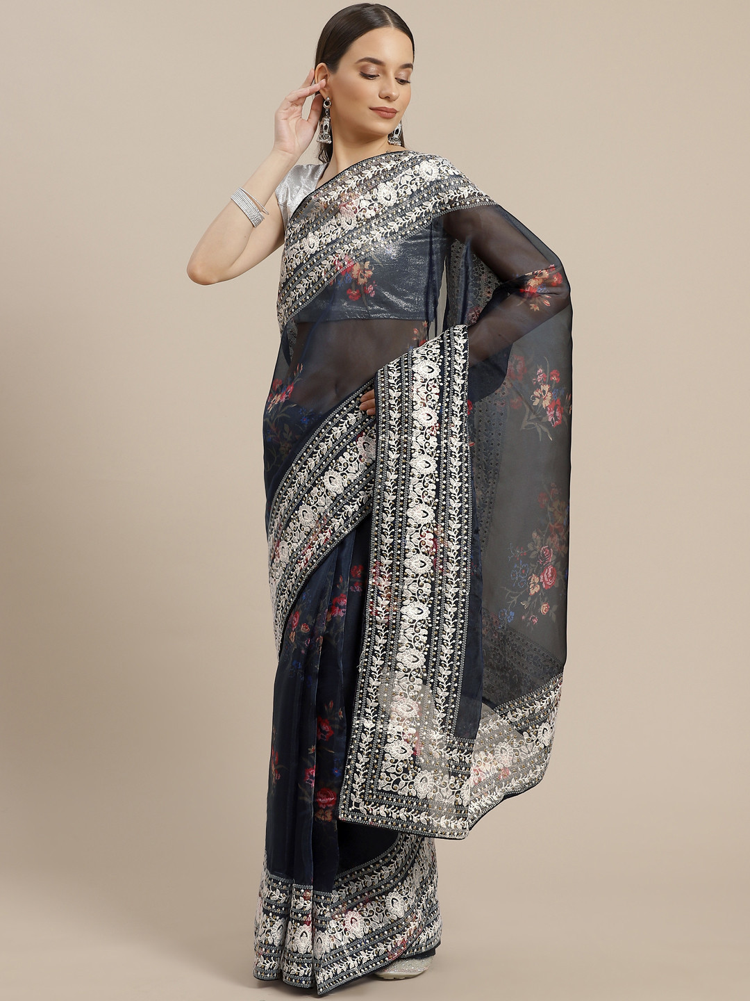 Anouk Navy Blue & Golden Checked Organza Celebrity Saree