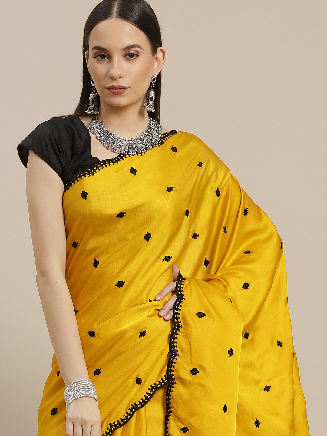 Anouk Mustard & Black Embroidered Silk Blend Saree