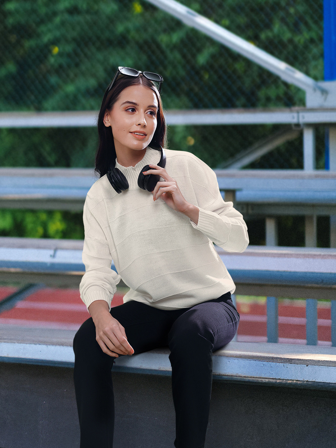 Harvard Women Off White Striped Turtle Neck Pullover Sweaters