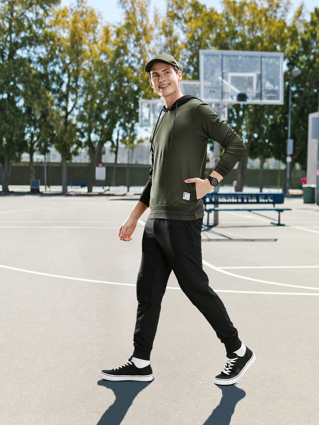 Harvard Men Olive Green Solid Hooded Sweatshirt