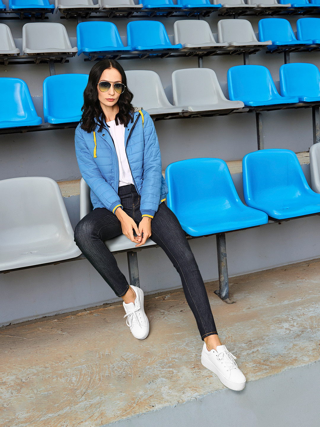 Harvard Women Blue Solid Hooded Bomber Jacket