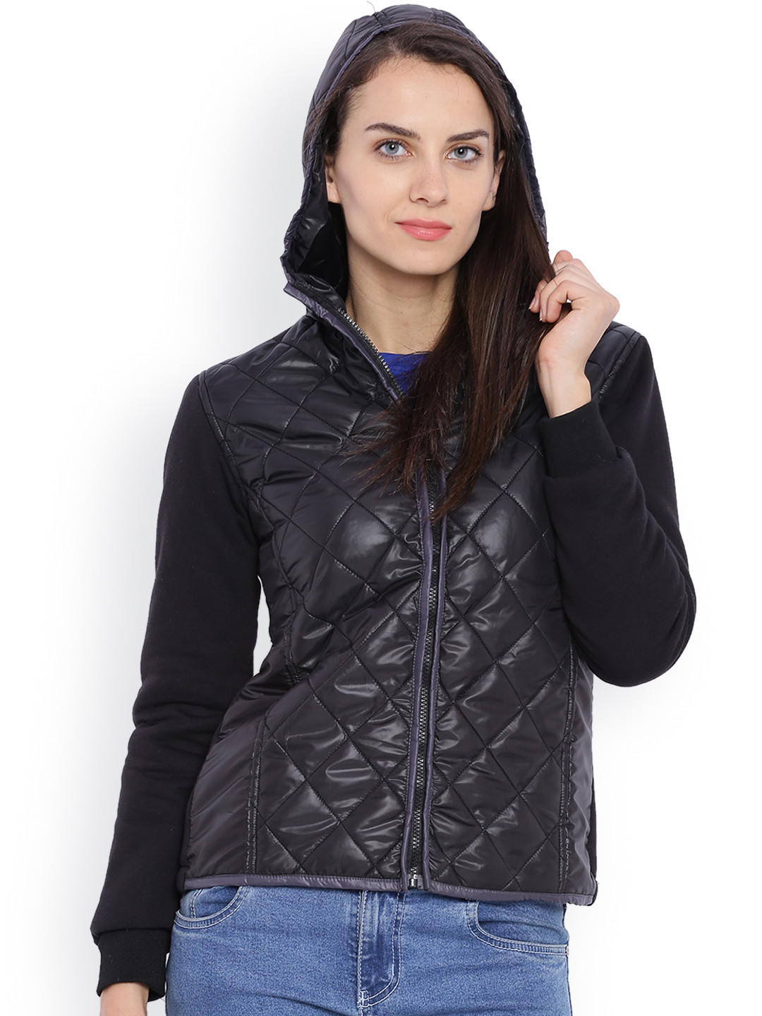 Campus Sutra Black Quilted Hooded Jacket