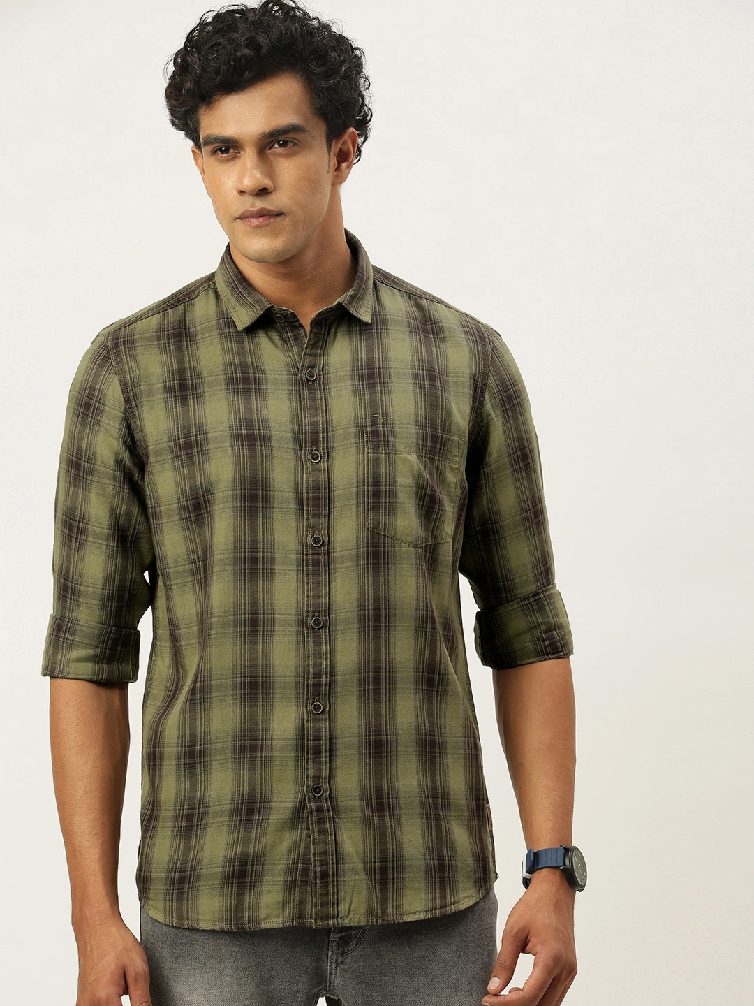 Flying Machine Men Olive & Brown Slim Fit Checked Casual Shirt
