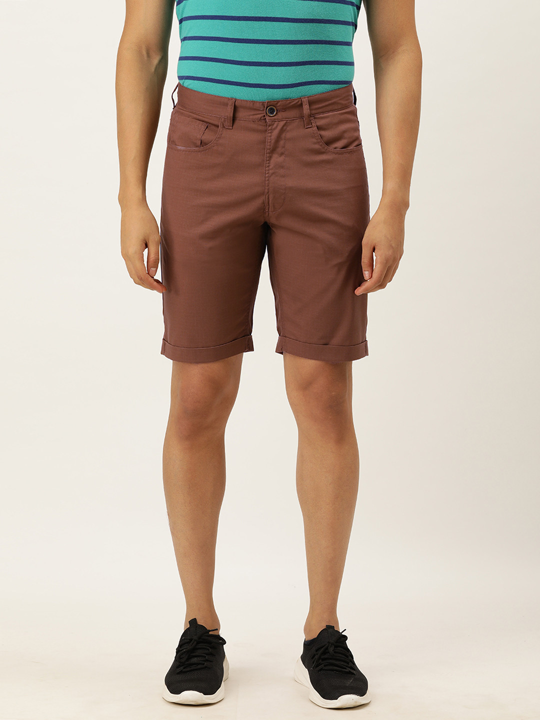 Peter England Men Rust Brown Checked Mid-Rise Regular Shorts