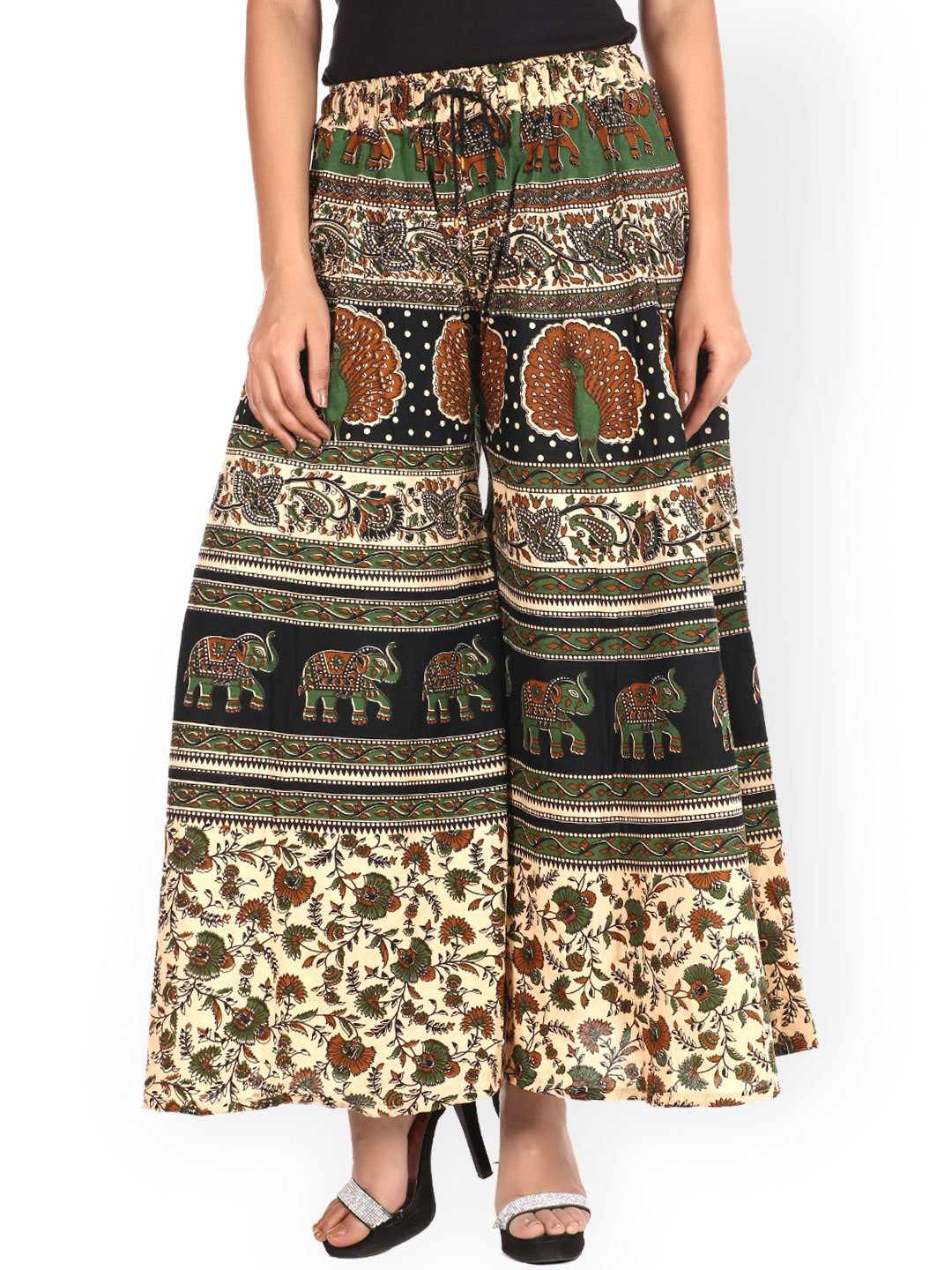 SOUNDARYA Beige & Black Printed Palazzo Trousers