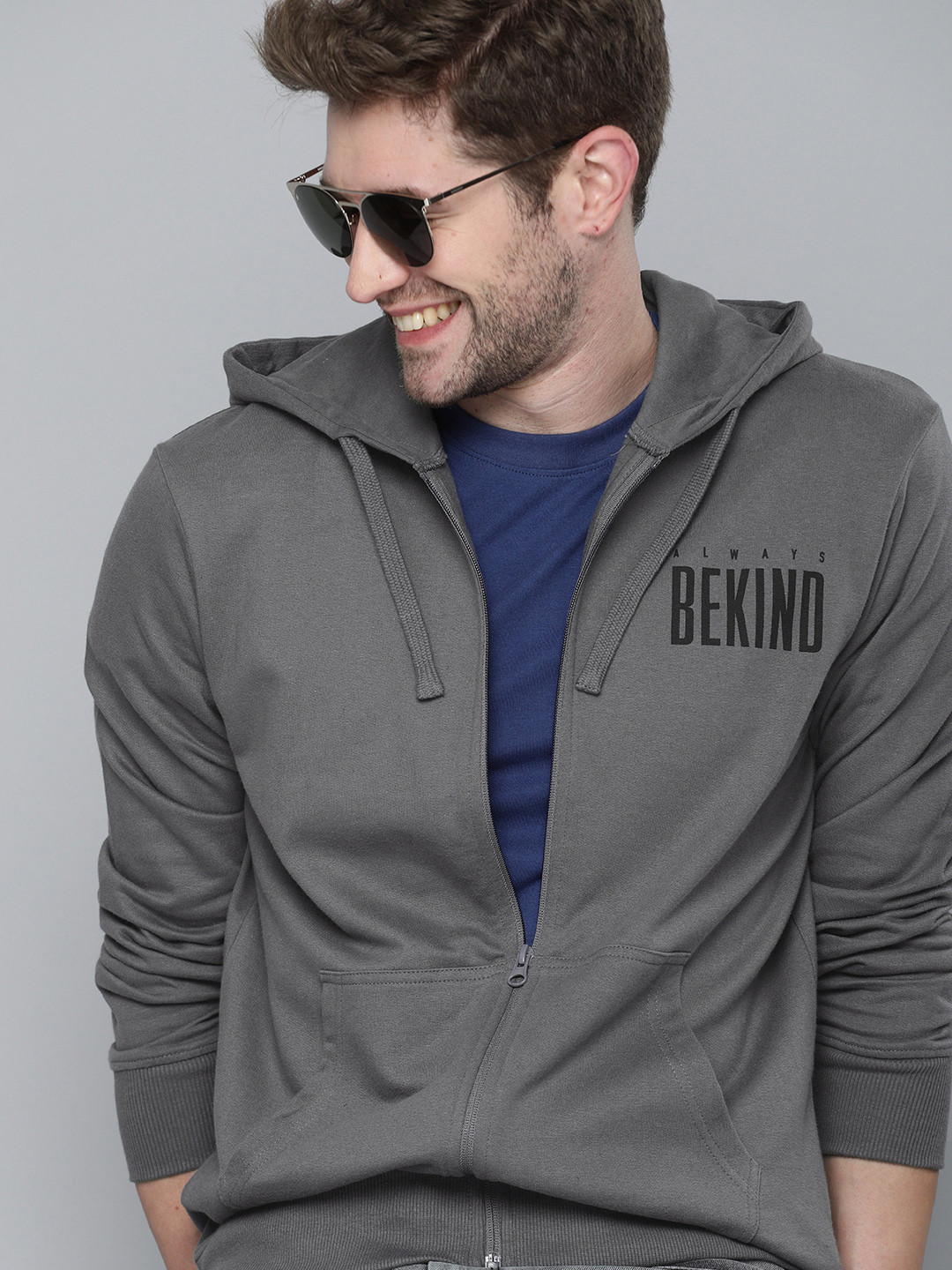 HERE&NOW Men Charcoal Grey Hooded Sweatshirt