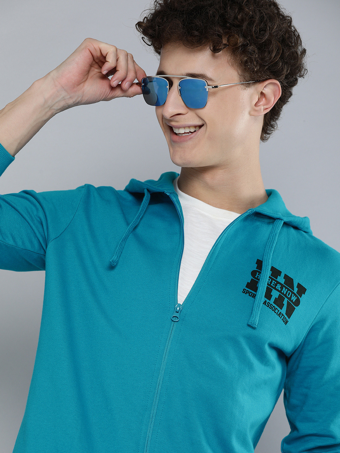 HERE&NOW Men Blue Hooded Sweatshirt with Logo Print