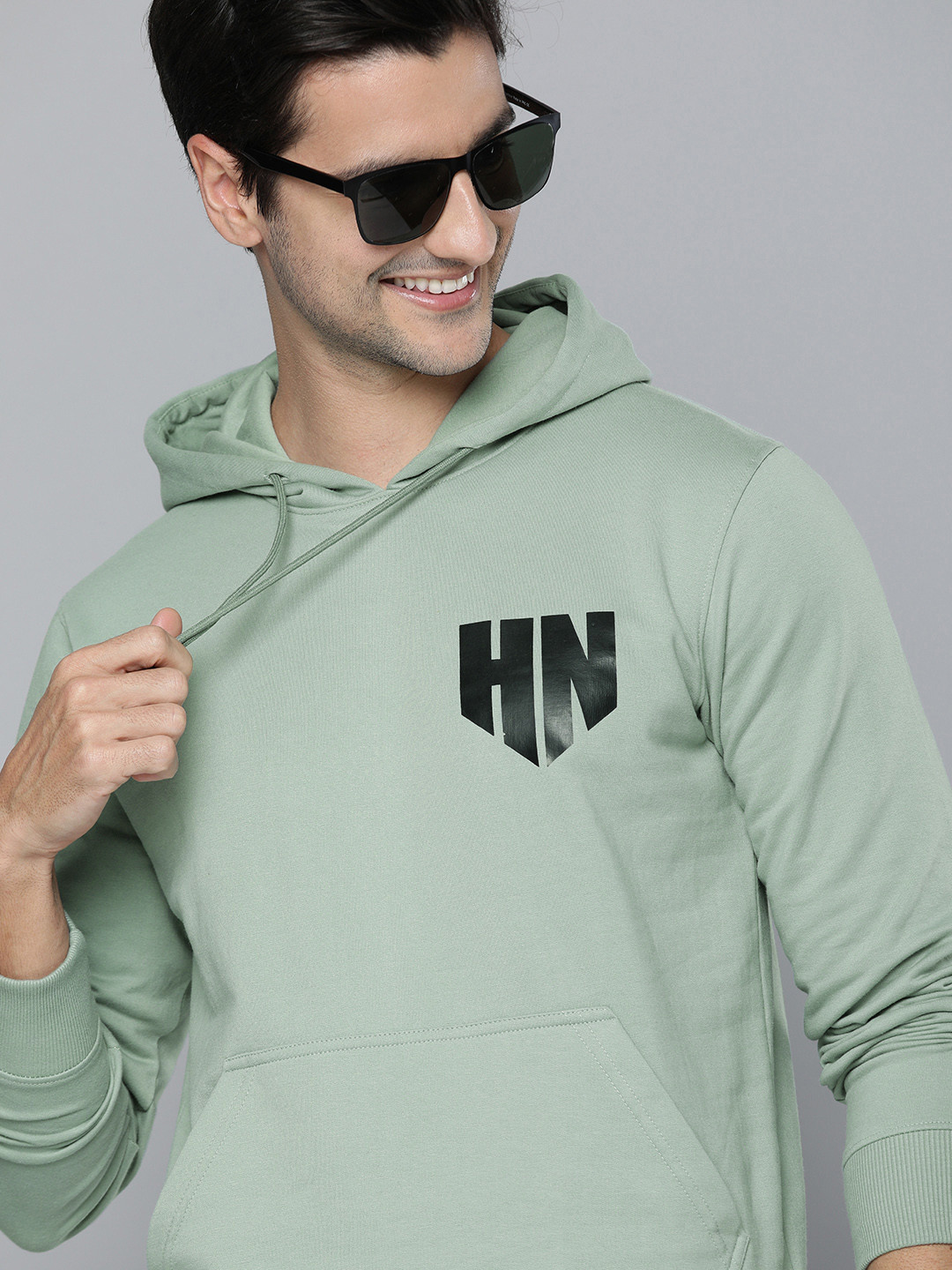 HERE&NOW Men Sea Green Hooded Sweatshirt