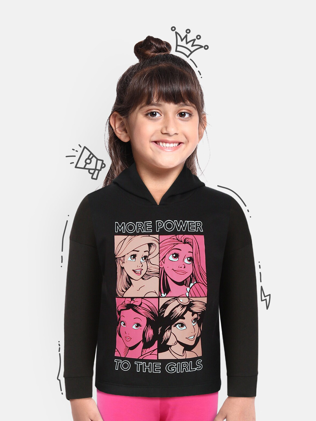 YK Disney Girls Black & Pink Princess Print Hooded Sweatshirt