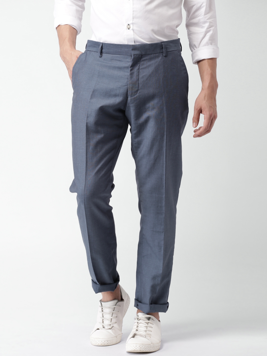 AD By Arvind Casual Trousers  Buy AD By Arvind Men Blue Solid Cotton  Stretch Smart Casual Trousers Online  Nykaa Fashion