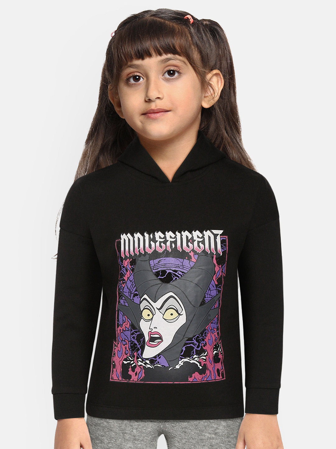 YK Disney Girls Black & Pink Maleficant Print Hooded Sweatshirt