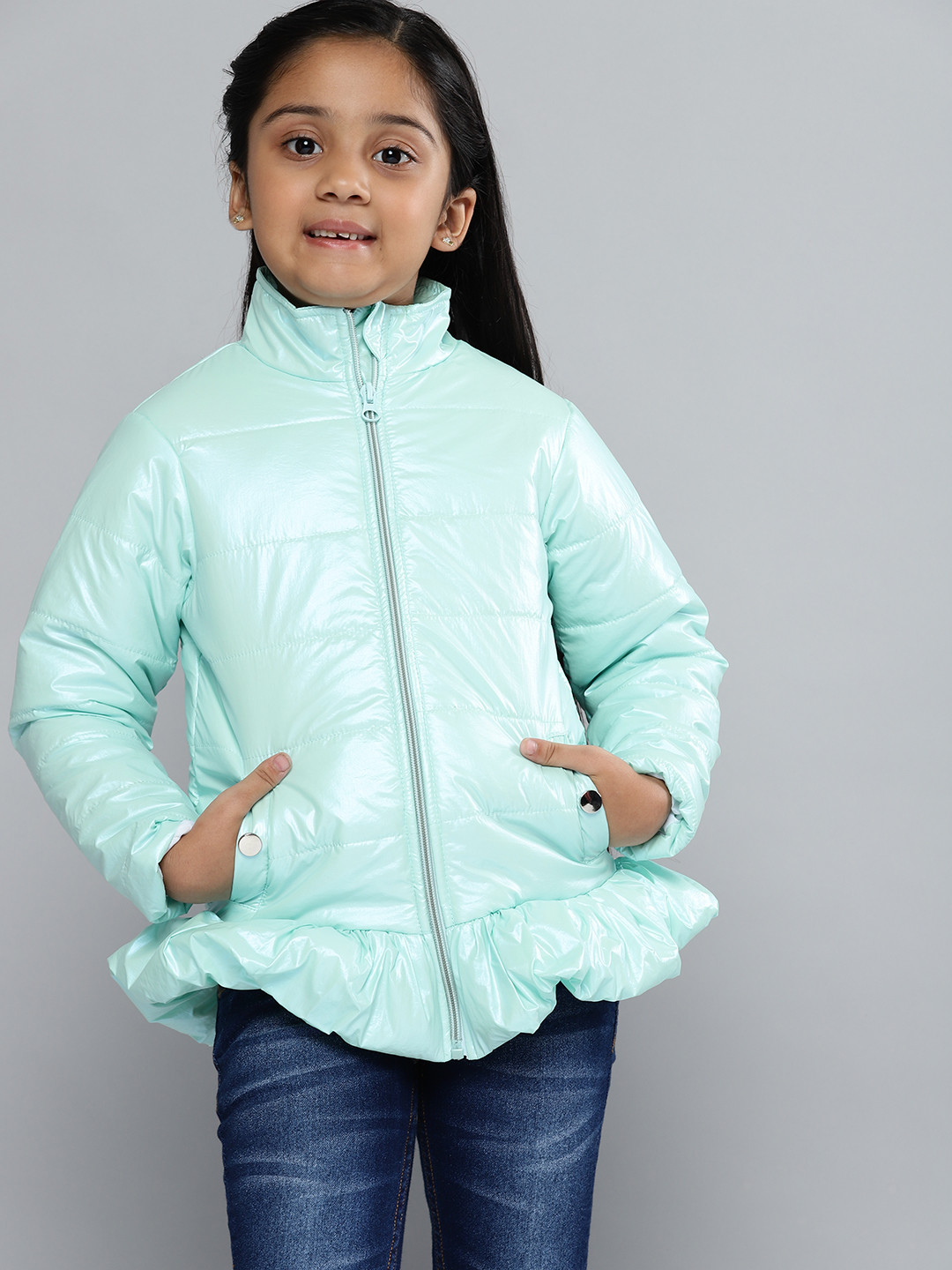 YK Girls Mint Green Solid Padded Jacket with Sheen Effect