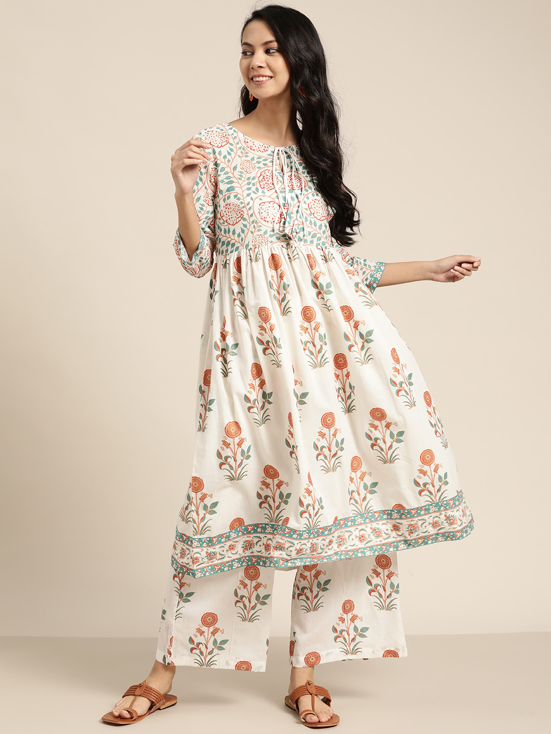 Sangria Women White & Orange Ethnic Motifs Print  Cotton A-line Kurta with Palazzos