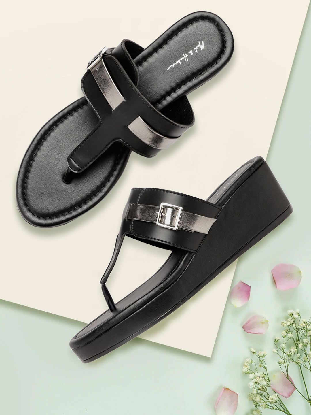 Mast & Harbour Black & Gunmetal-Toned Striped Wedges with Buckles