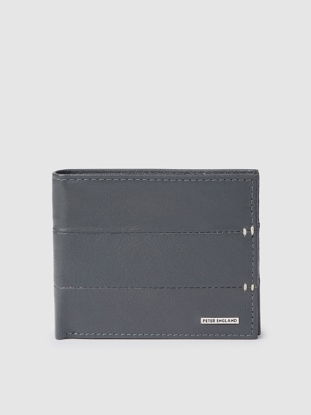 Peter England Men Grey Solid Leather Two Fold Wallet