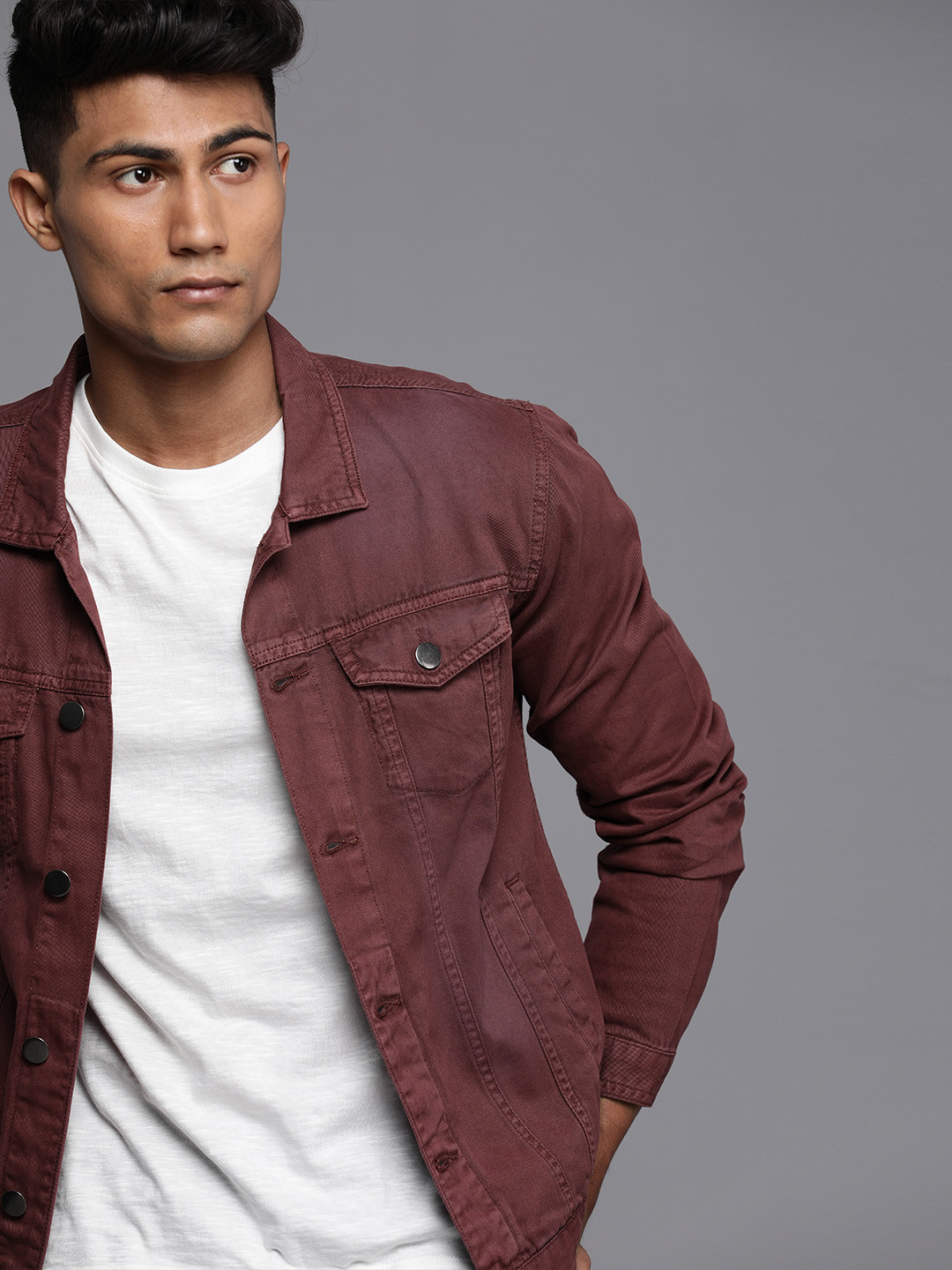 WROGN Men Maroon Solid  Cotton Denim Jacket