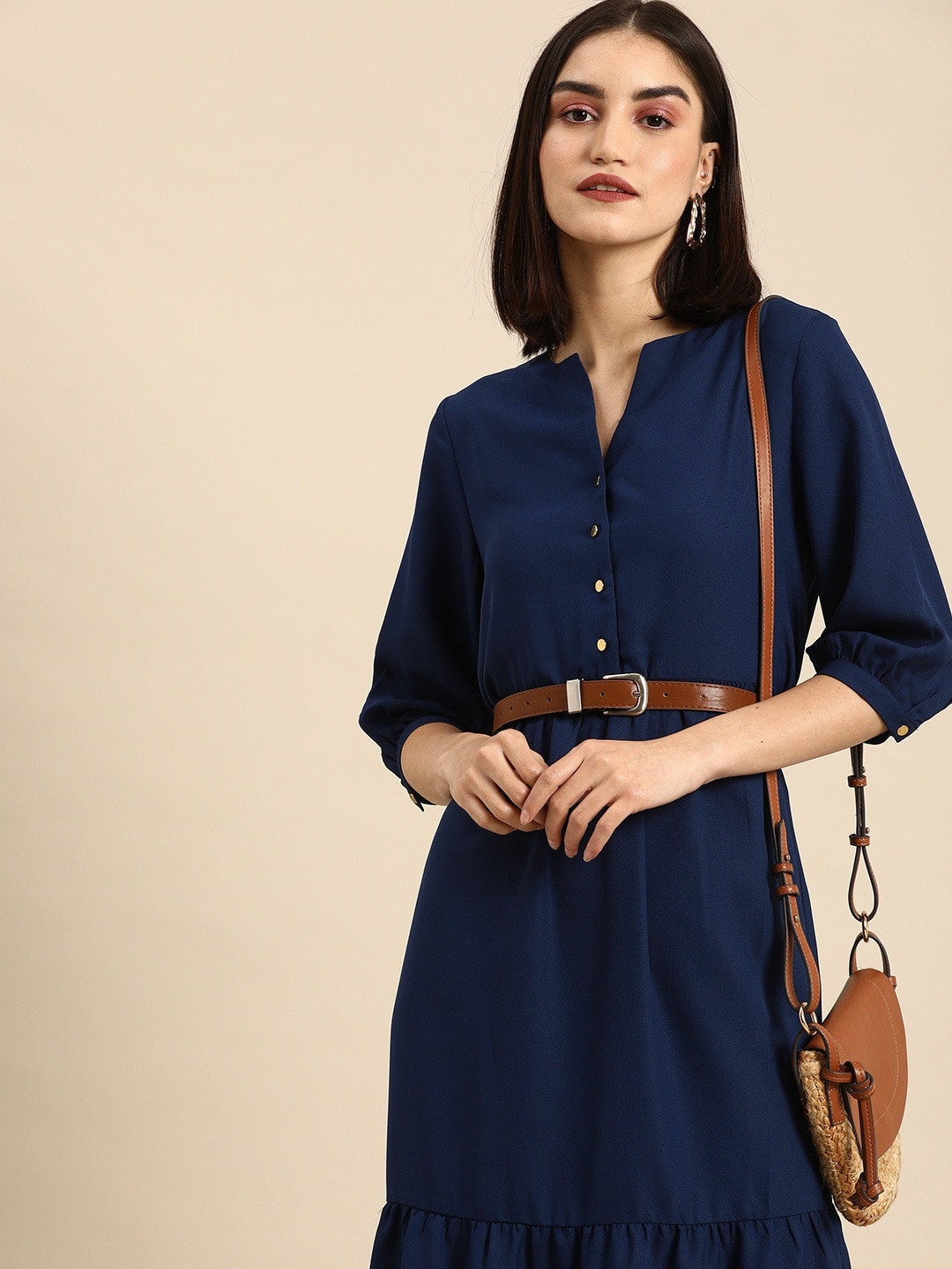 all about you women Navy Blue Solid V-Neck A-Line Tiered Casual Dress