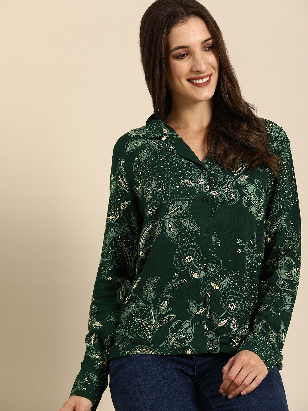 Routes by All About You Women Green & Off White Ethnic Printed Casual Shirt