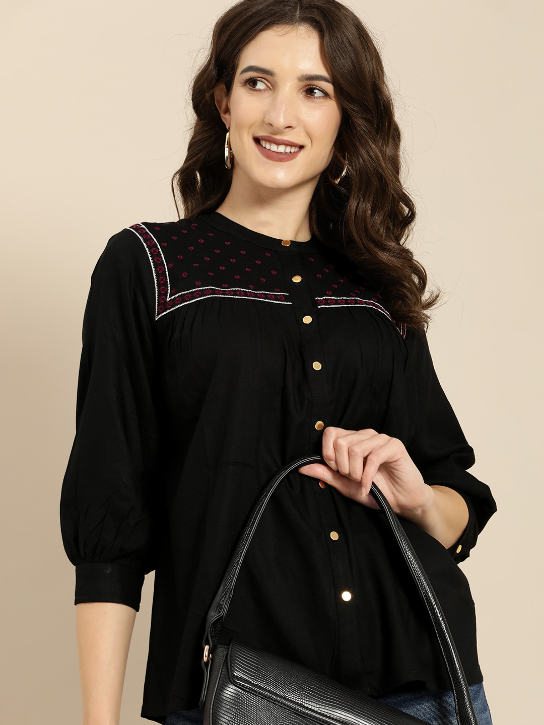 all about you Black & Red Floral Embroidered Mandarin Collar Top