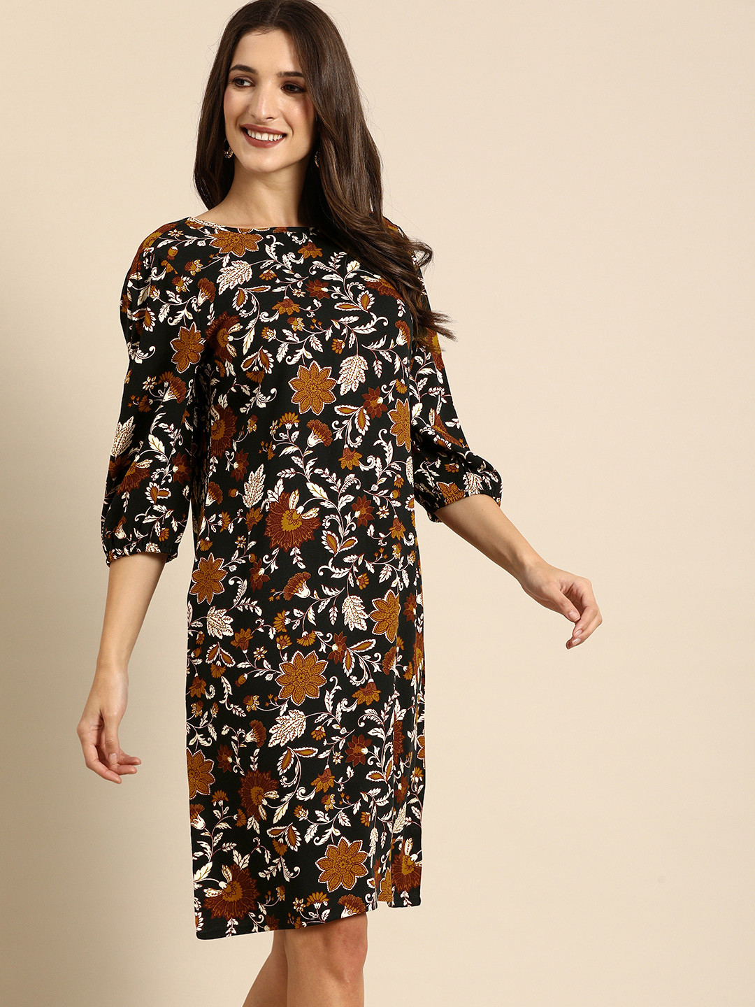 Routes by All About You Black & Off White Ethnic Motifs A-Line Dress