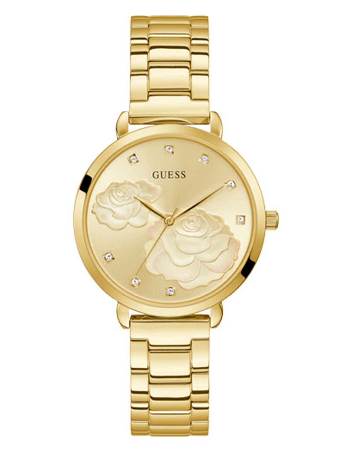 GUESS Women Gold Toned Floral Patterned Swarovski Crystal Studded Analogue Watch GW0242L2