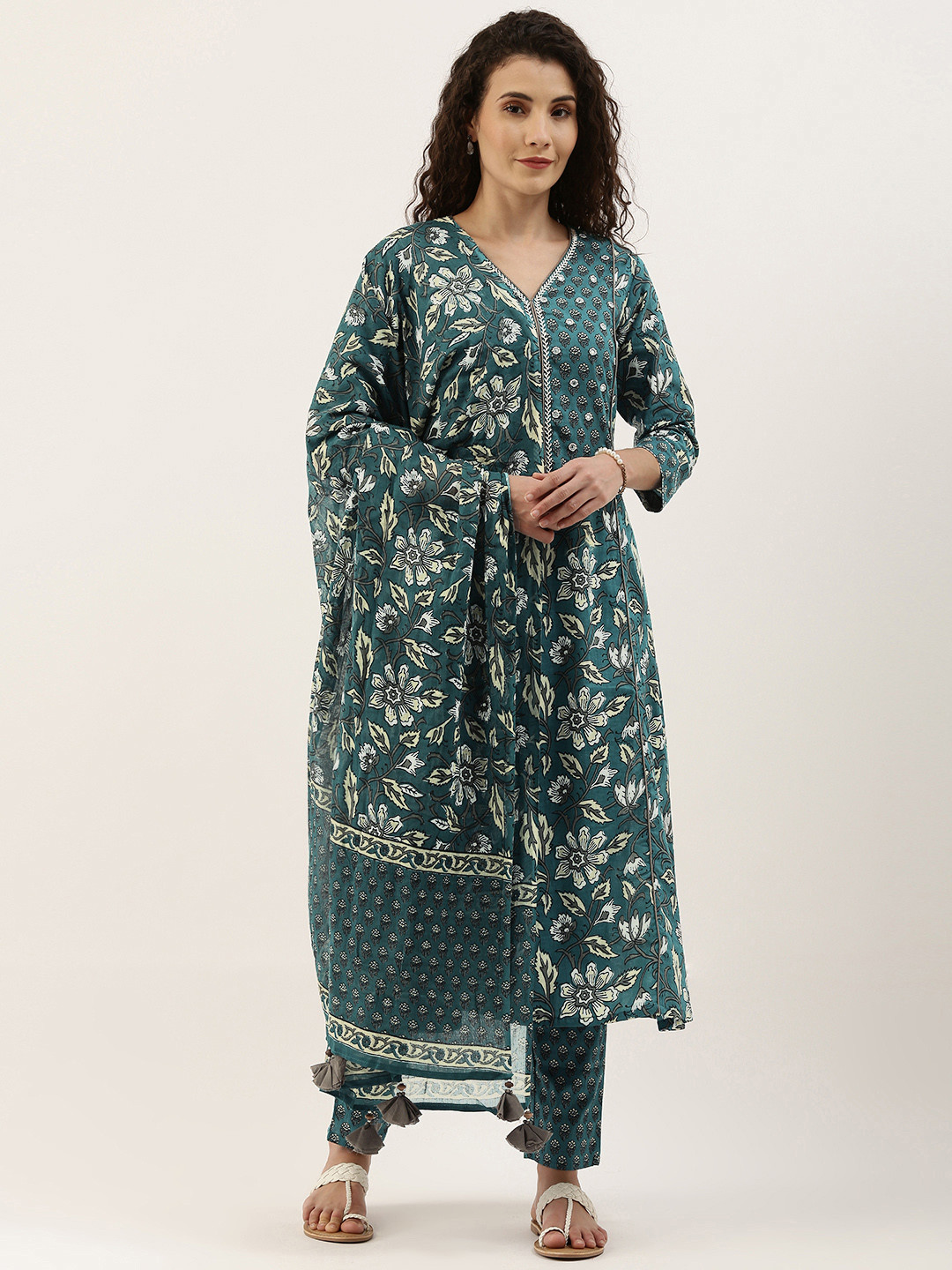 Saanjh Women Turquoise Blue & White Floral Printed Pure Cotton Kurta Set