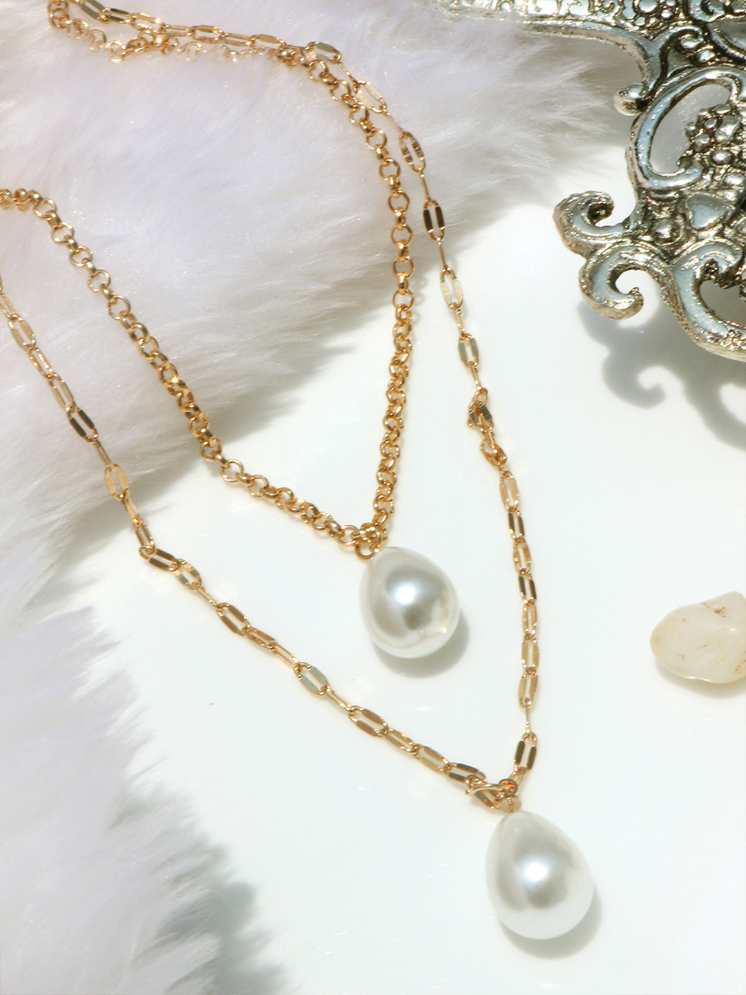 JOKER & WITCH Women Gold-Toned Alloy Pearl Drop Multi Layered Necklace