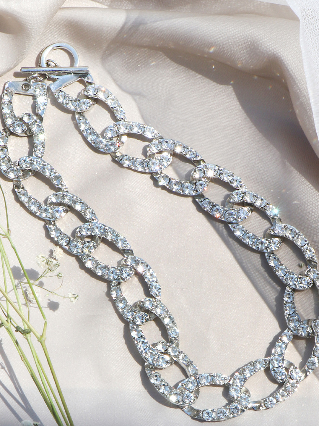 JOKER & WITCH Silver-Toned Michele Silver Rhinestone Studded Link Chain Choker Necklace