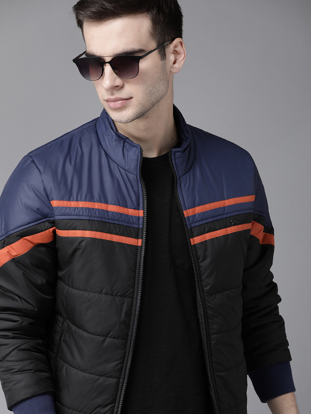 Roadster Men Black & Navy Blue Colourblocked Padded Jacket