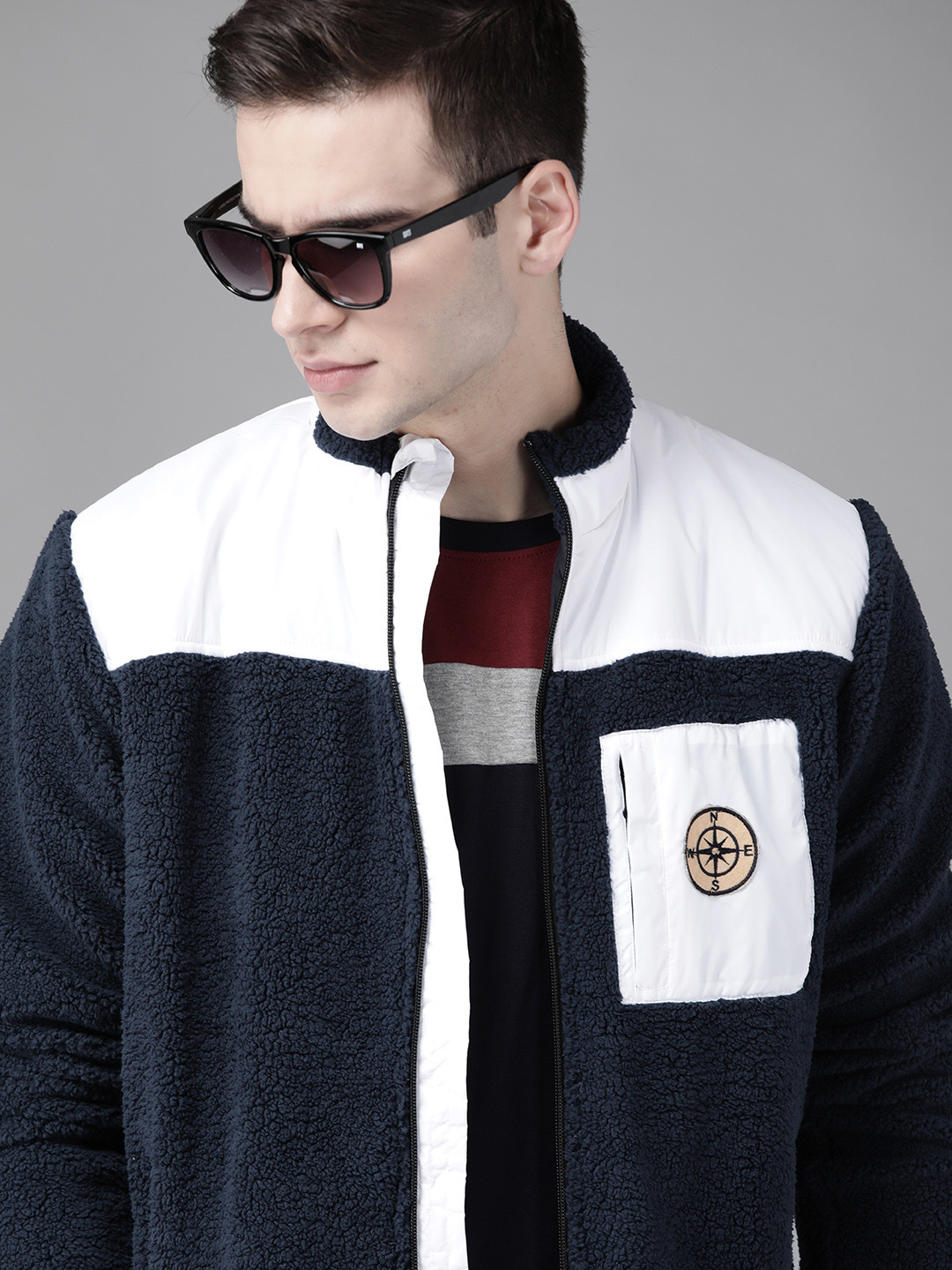 Roadster Men Navy Blue & White Colourblocked Sherpa Jacket