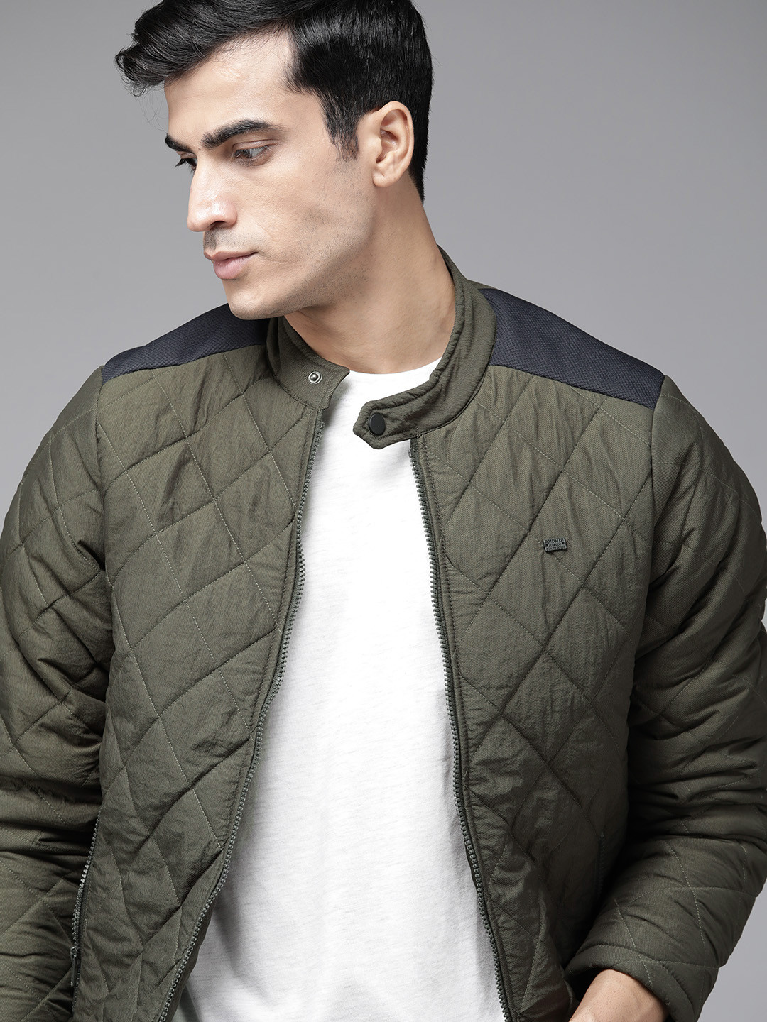 Roadster Men Olive Green Solid Quilted Jacket