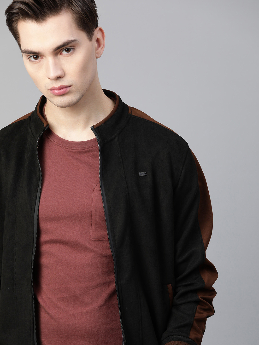 Roadster Men Black Suede Finish Solid Varsity Jacket