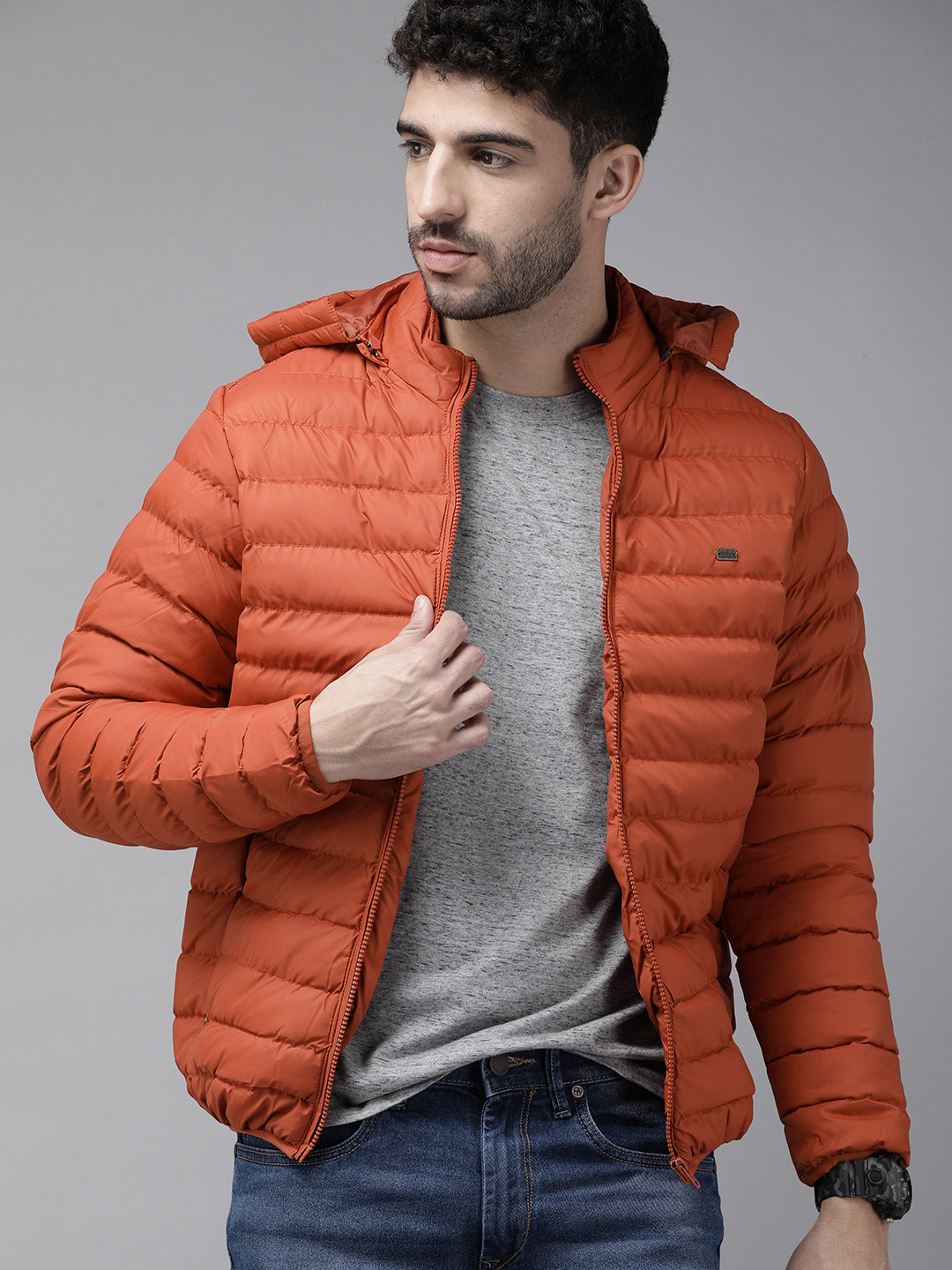 Roadster Men Rust Orange Detachable Hooded Puffer Jacket