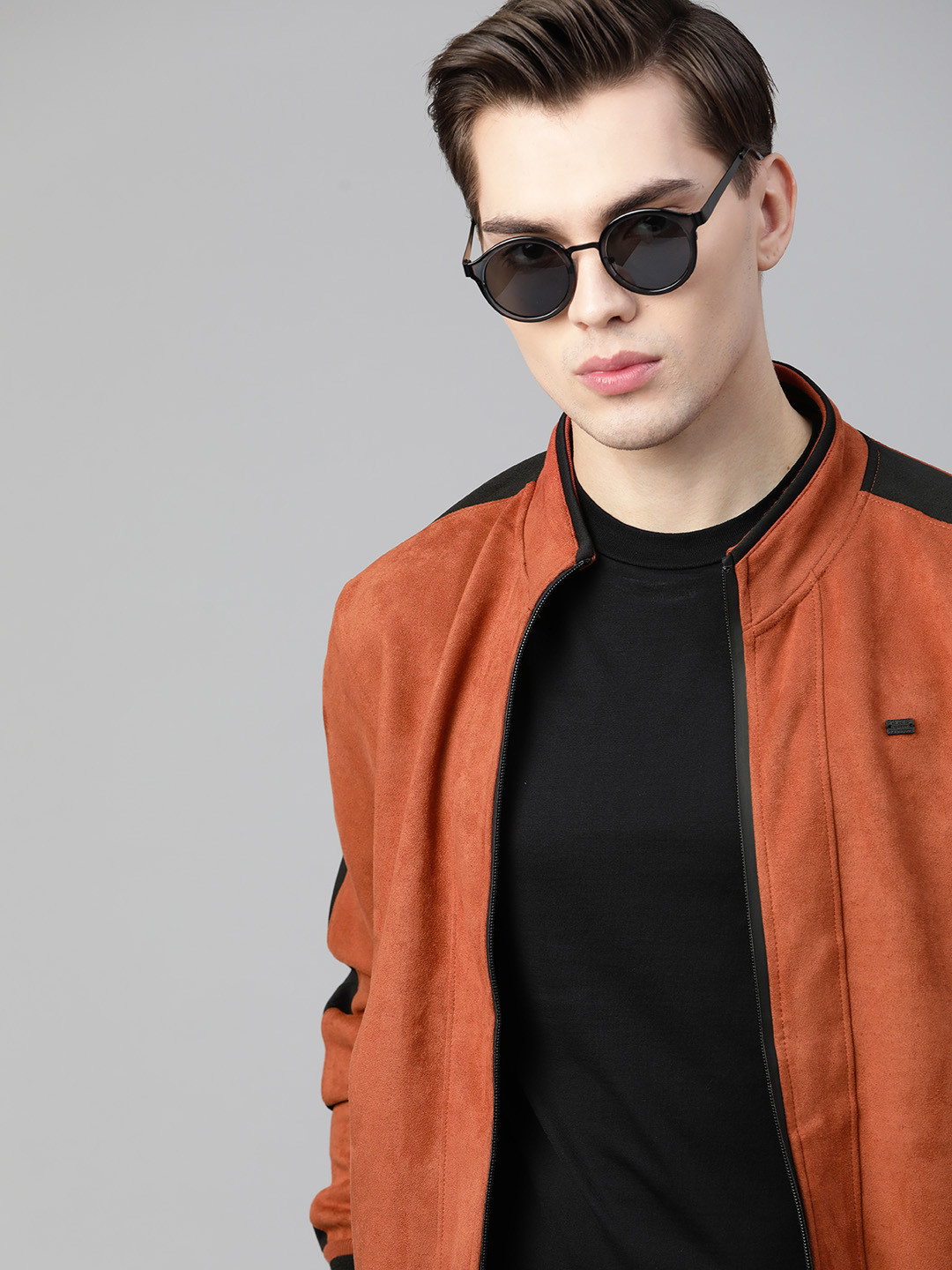 Roadster Men Rust Orange Suede Finish Solid Varsity Jacket