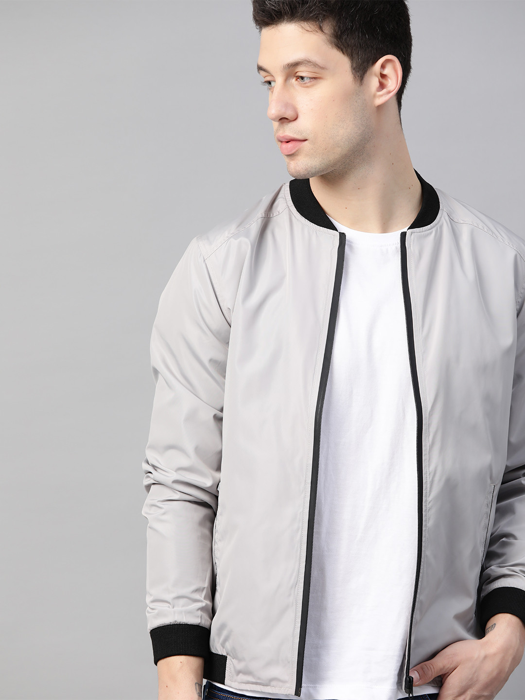 Roadster Men Grey Solid Bomber Jacket