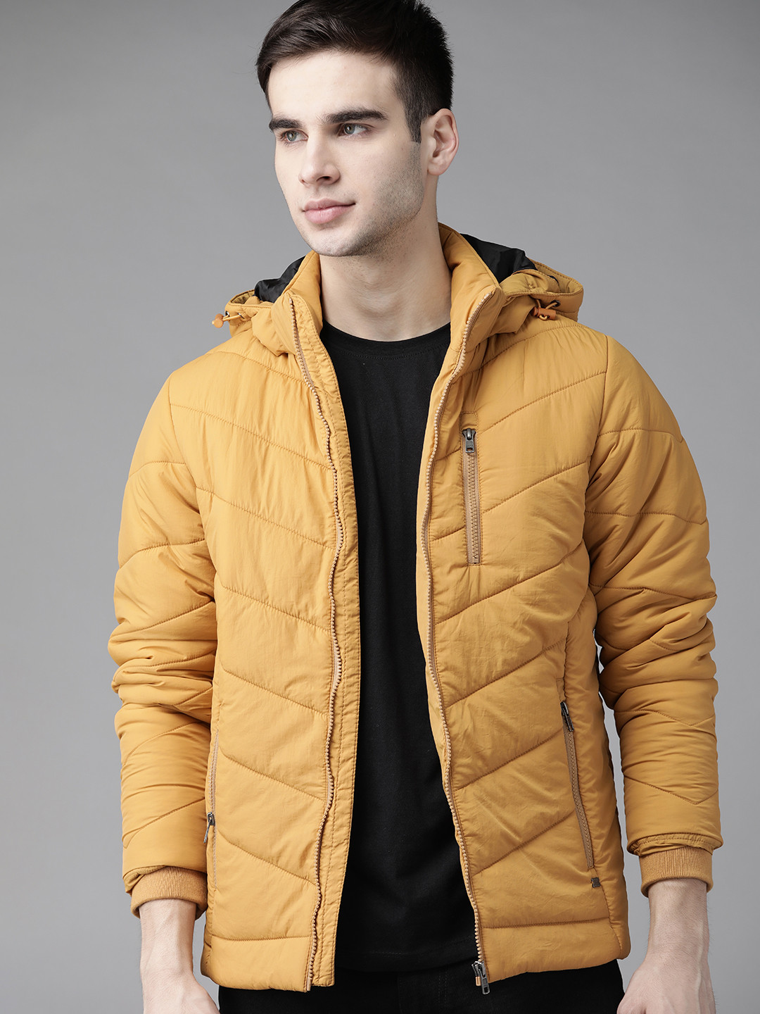 Roadster Men Mustard Yellow Solid Detachable Hood Padded Jacket