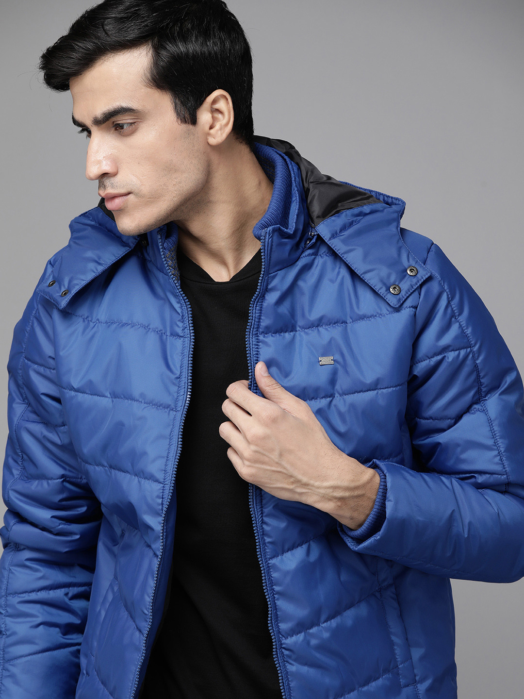 Roadster Men Blue Solid Padded Jacket with Detachable Hood