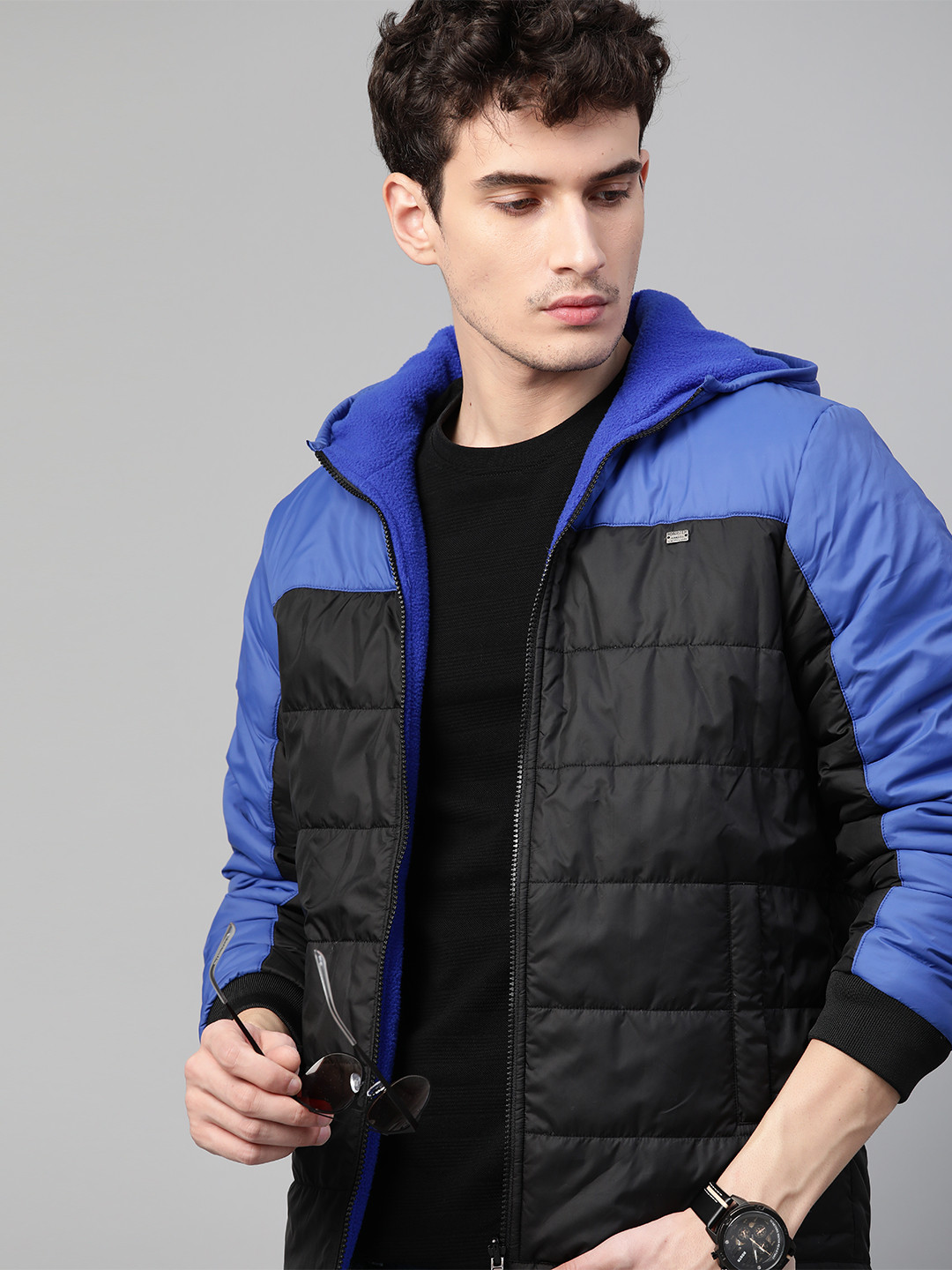 Roadster Men Black Blue Colourblocked Reversible Padded Jacket