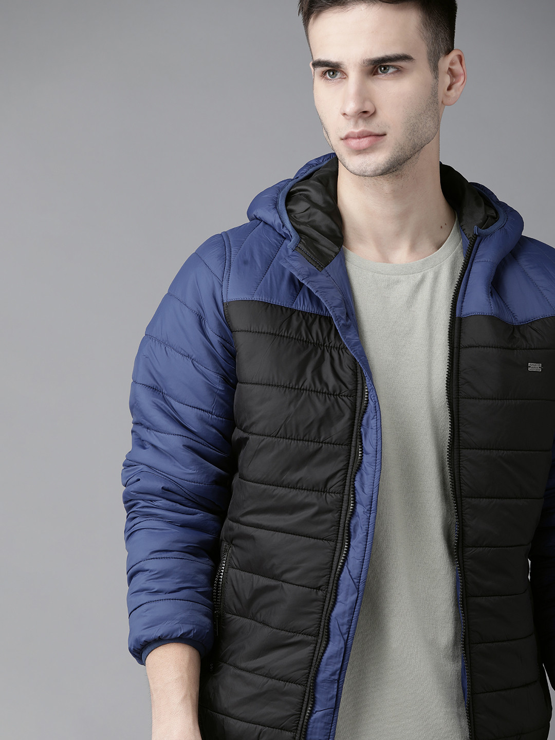 Roadster Men Navy Blue Black Colourblocked Padded Jacket