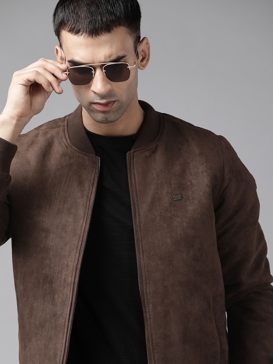 Roadster Men Brown Suede Finish Bomber Jacket