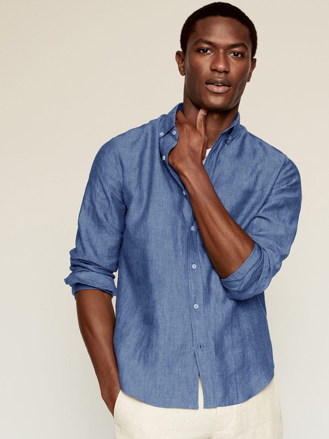 MANGO MAN Blue Linen Slim Fit Solid Casual Shirt