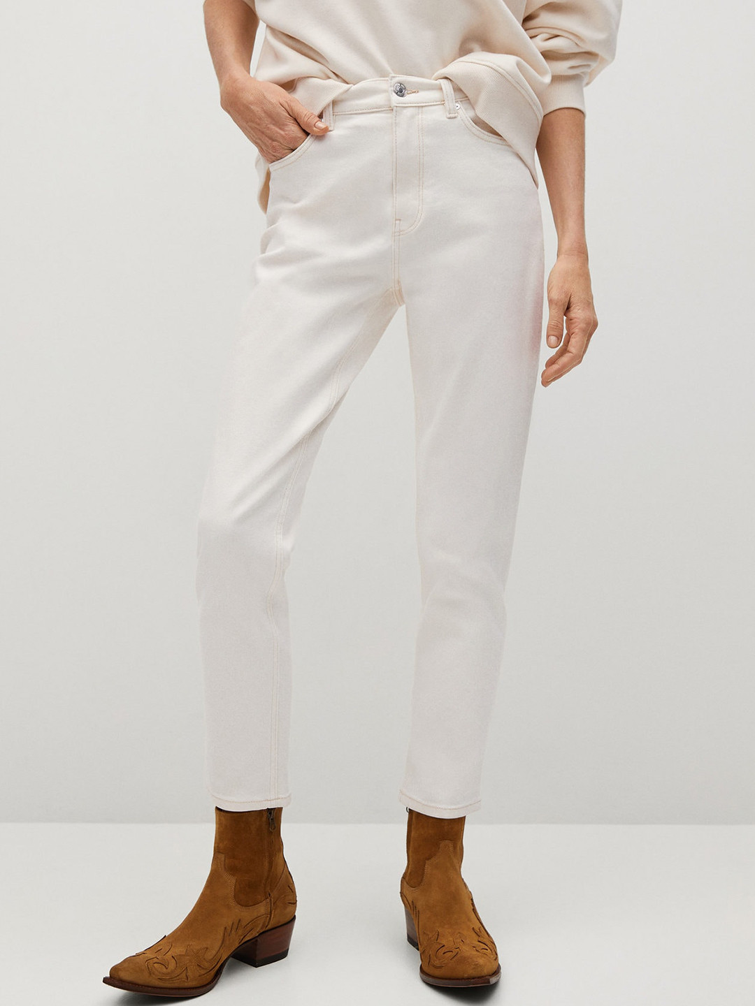 MANGO Women White Mom Fit High-Rise Stretchable Jeans